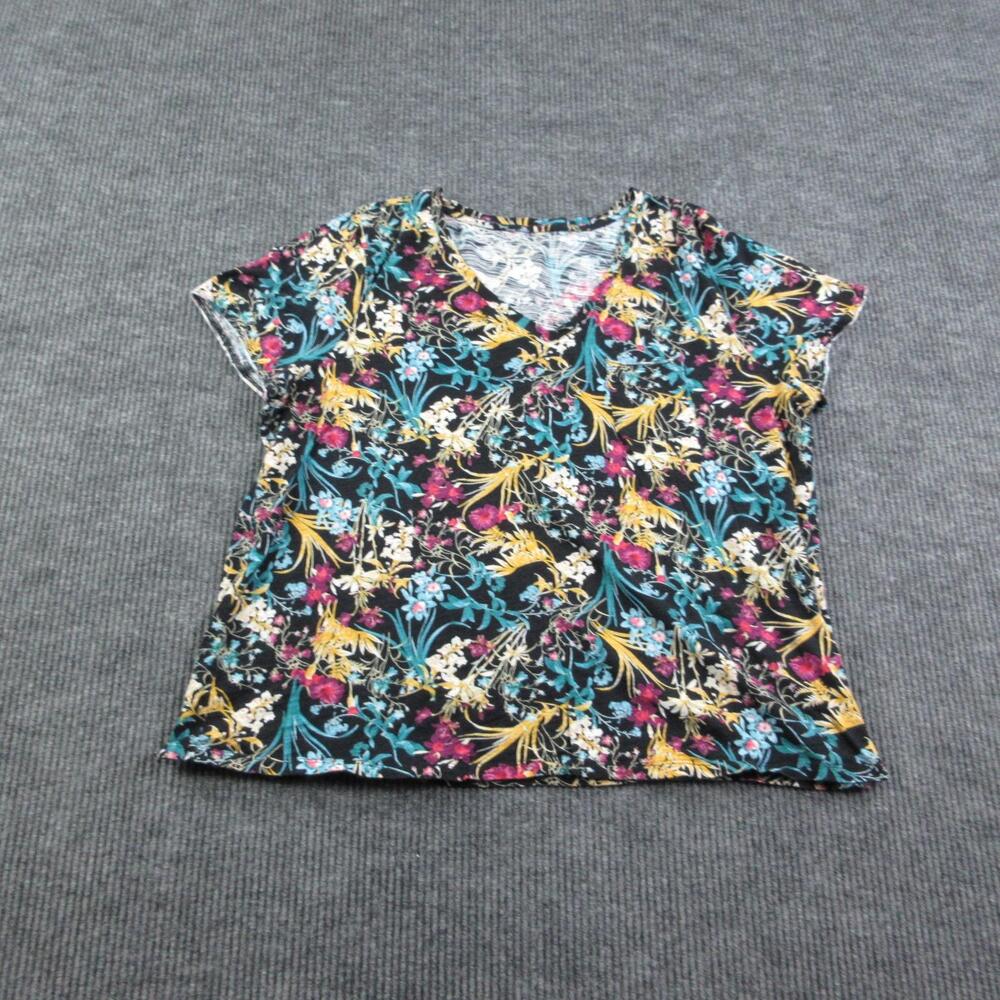 Dept 222 Shirt Womens 3X Black V-Neck Floral Short Sleeve Cotton Modal Graphic